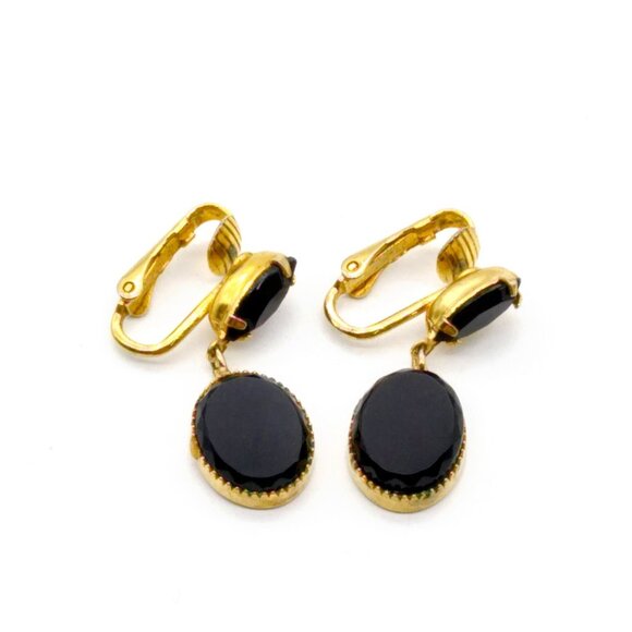 Chic Elegant Vintage Onyx Earrings, Marquise Drops to Circle Dangle in Gold Tone - Picture 2 of 5